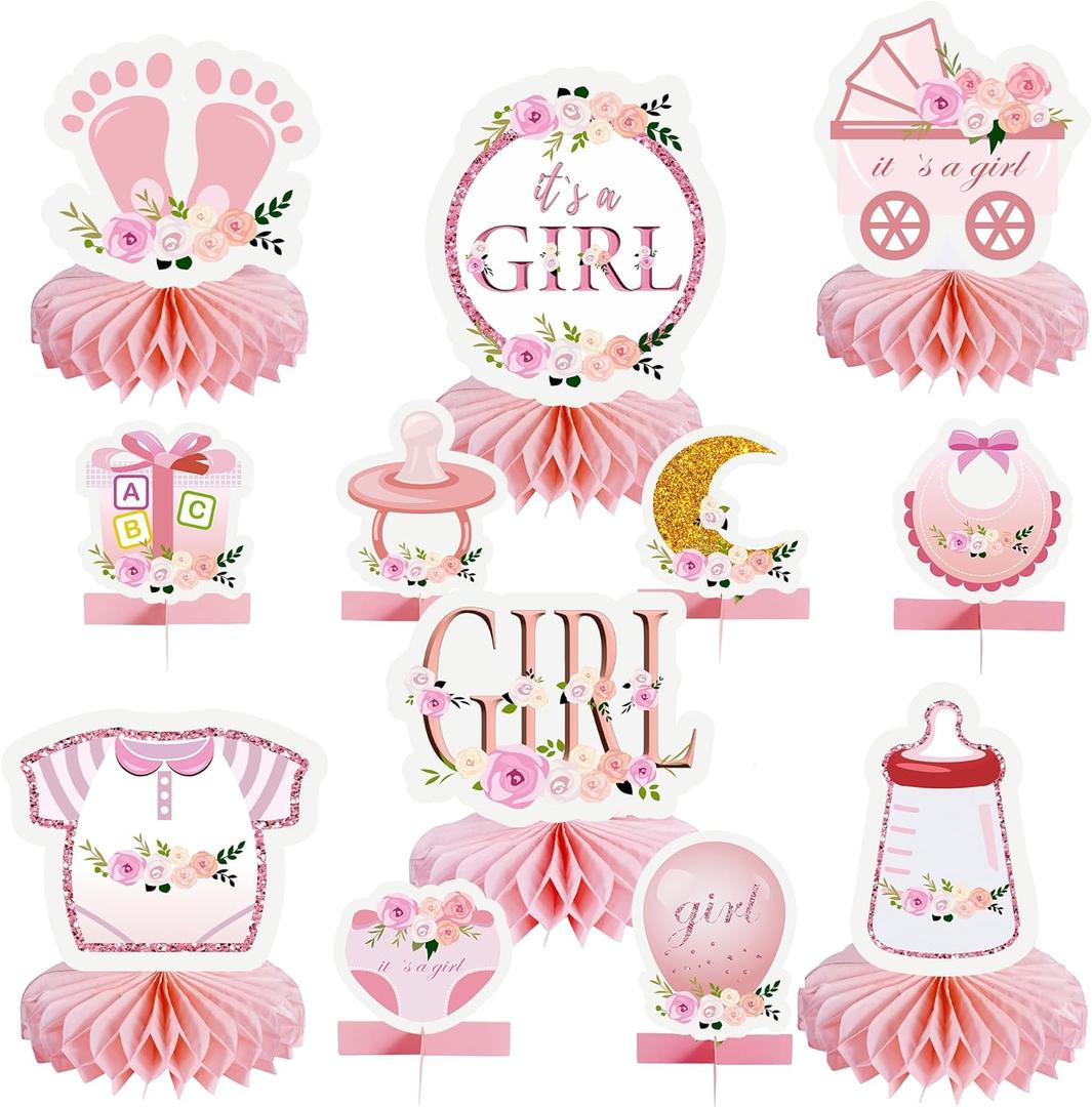 12 Pcs Baby Shower Center Pieces Decoration For Table - Pink Baby Shower Decorations For Girl - Vivid Printing - Thick Cardboard - Rose Gold Centerpieces For Tables