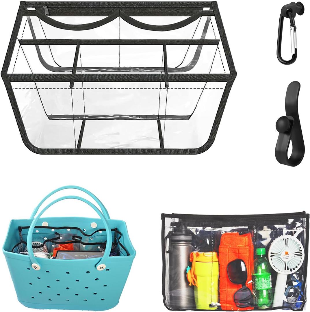 Clear Beach Bag Organizer Compatible with Bogg Bag X Large Size, PVC Insert Divider Liner for XL Bogg Bag Accessories (Clear-Black)