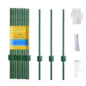 Metal Fence Post 3 Feet Green, Pack of 10, T Post for Wire Fence, No Dig Steel U Posts Fencing for Lawn Garden Wire Mesh Fences Poles Sign Outdoor