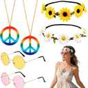6 Pcs Hippie Accessories for Women, 60s 70s Accessories Women with 2 Peace Sign Necklace + 2 Daisy Flower Headbands + 2 Hippie Sunglasses, Hippie Costume for Carnival Vintage Party Multi