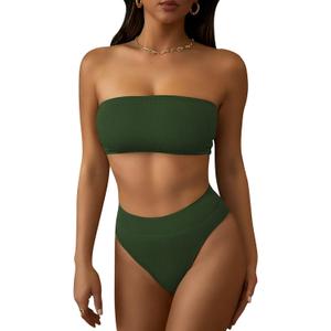 Pink Queen Women's Ribbed High Waisted Bikini Set Removable Strap Bandeau Swimsuit (M)