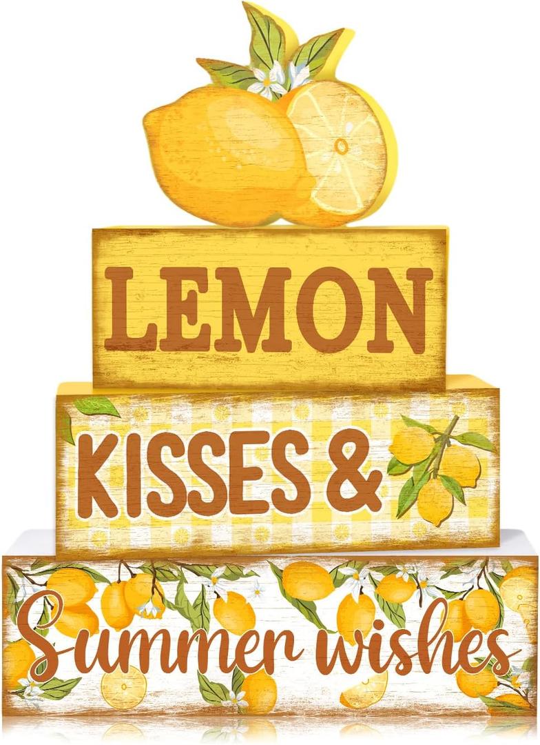 Britimes 4 Pcs Summer Lemon Decor Tiered Tray Set, Farmhouse Rustic Lemon Table Decor Book Stack Signs Wooden Coffee Table Centerpieces for Home kitchen Office Decorations