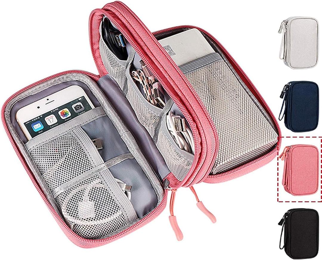 CAOODKDK Electronic Organizer Travel USB Cable Accessories Bag/Case,Waterproof for Power Bank,Charging Cords,Chargers,Mouse,Earphones Flash Driver (Double Layer - Pink)