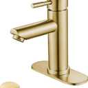 Single Handle Bathroom Sink Faucet Brushed Gold, Modern Single Hole Bathroom Faucet Stainless Steel Commercial Basin Faucet (Brushed Gold, with Drain)