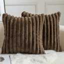MANDIOO Pack of 2 Decorative Throw Pillow Covers Faux Fur Striped Plush Soft Cushion Covers Pillow Cases Bedroom Living Room Sofa Home 16x16 Inch Dark Brown