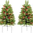 Christmas Tree 30 inch Prelit 2 Set Pathway Porch Christmas Trees Pre-Light LED Battery Operated Outdoor Xmas Decor for Entrance Driveway, Yard, Garden, Red Berries, Pine Cones