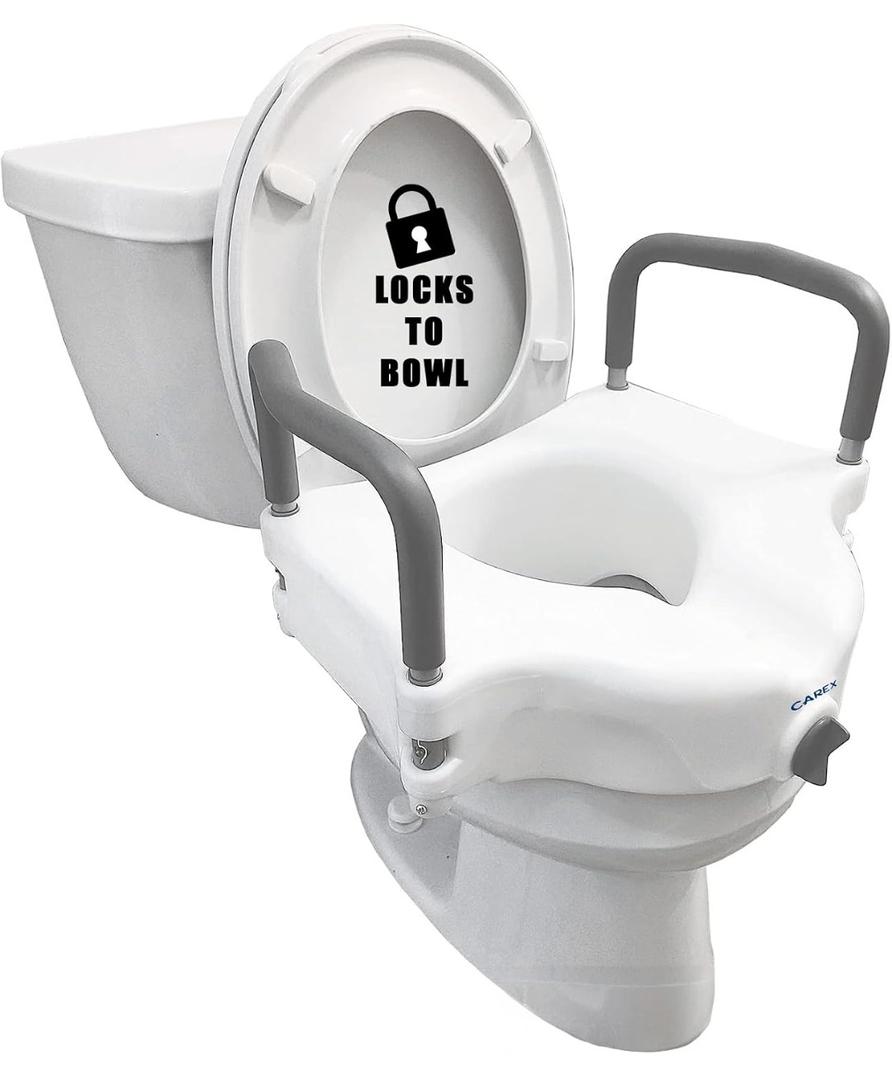 Carex E-Z Lock Raised Toilet Seat with Handles, 4.5 Inch Toilet Seat Riser with Arms, Toilet Riser Fits Most Toilets, Elongated or Round, Toilet Seat Lifter, White
