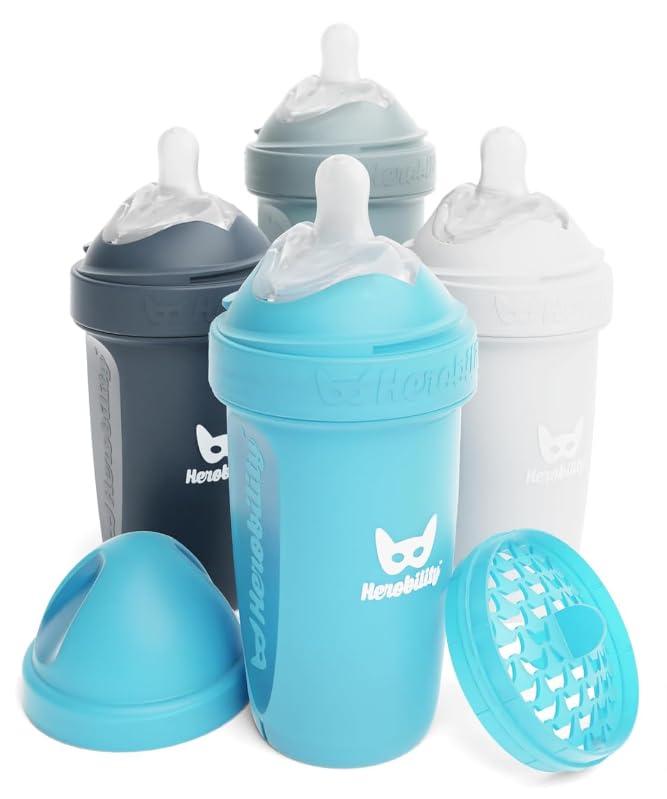 Herobility Anti-Colic Baby Bottles 8.5 fl oz/240ml - Pack of 4 Plastic Baby Bottles, Slow Flow Plastic Bottles, Breast-Shaped Teat for Breastfed Babies, – Multicolor - White, Gray, Iron Blue, Blue