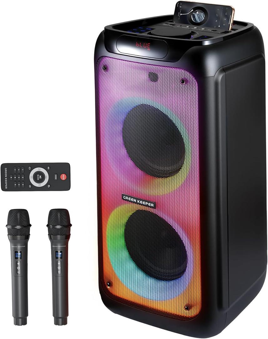 GKD80 Karaoke Machine for Adults with 2 Wireless UHF Microphone, 600W Peak Bluetooth Speaker with Dual 8'' Subwoofers, Portable Party Speaker with RC/Wheels for Singing/Outdoor Events/Speaking