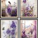 KDHTY Purple Room Decor Lavender Wall Art,Vintage Purple Room Decor Bathroom Wall Art for women,Retro Lavender Flower Wall Decor Decorations for Bathroom Kitchen Living Room,8x10 Unframed,set of 4