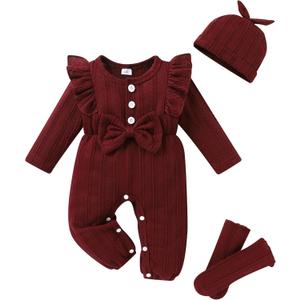 YOUNGER TREE Baby Girl Clothes Newborn Infant Ruffle Romper Long Sleeve Sweater Jumpsuit Hat Socks Toddler Fall Winter Outfit, 18-24 Months