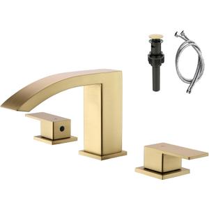 Brushed Gold Waterfall Bathroom Faucet 3 Holes - 8 inch Bathroom Sink Faucet 2 Handles - Stainless Steel Widespread Bathroom Vanity Faucet with Pop Up Drain & 2 Water Supply Lines,