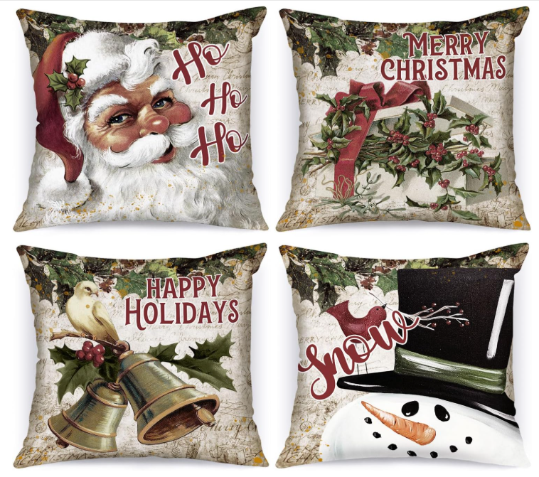 AVOIN colorlife Christmas Snowman Reindeer Gloves Eucalyptus Red Throw Pillow Covers, 20 x 20 Inch Winter Holiday Stripes Cushion Case Decoration for Sofa Couch Set of 4