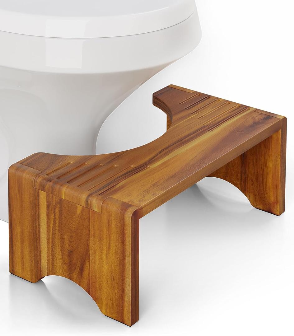 Foldable Toilet Stool, Acacia Wood Poop Stool for Potty Training, 7 Inch Wooden Bathroom Aid for Comfortable Posture, Non-Slip Grooved Design for Adults or Seniors
