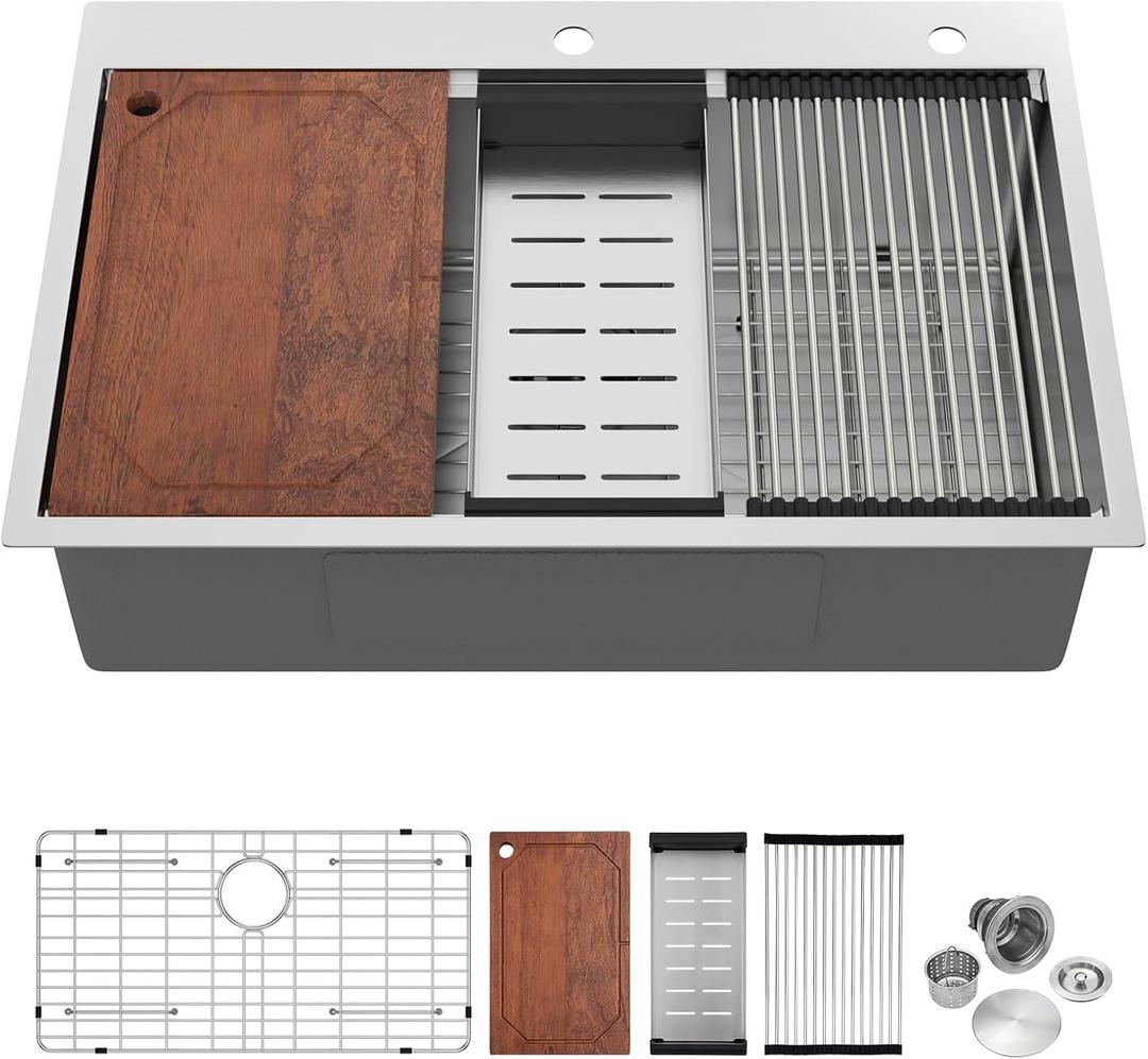 30 Inch Drop In Kitchen Sink - 30 x 22 Topmount 16 Gauge Stainless Steel Workstation Single Bowl 10" Deep Basin