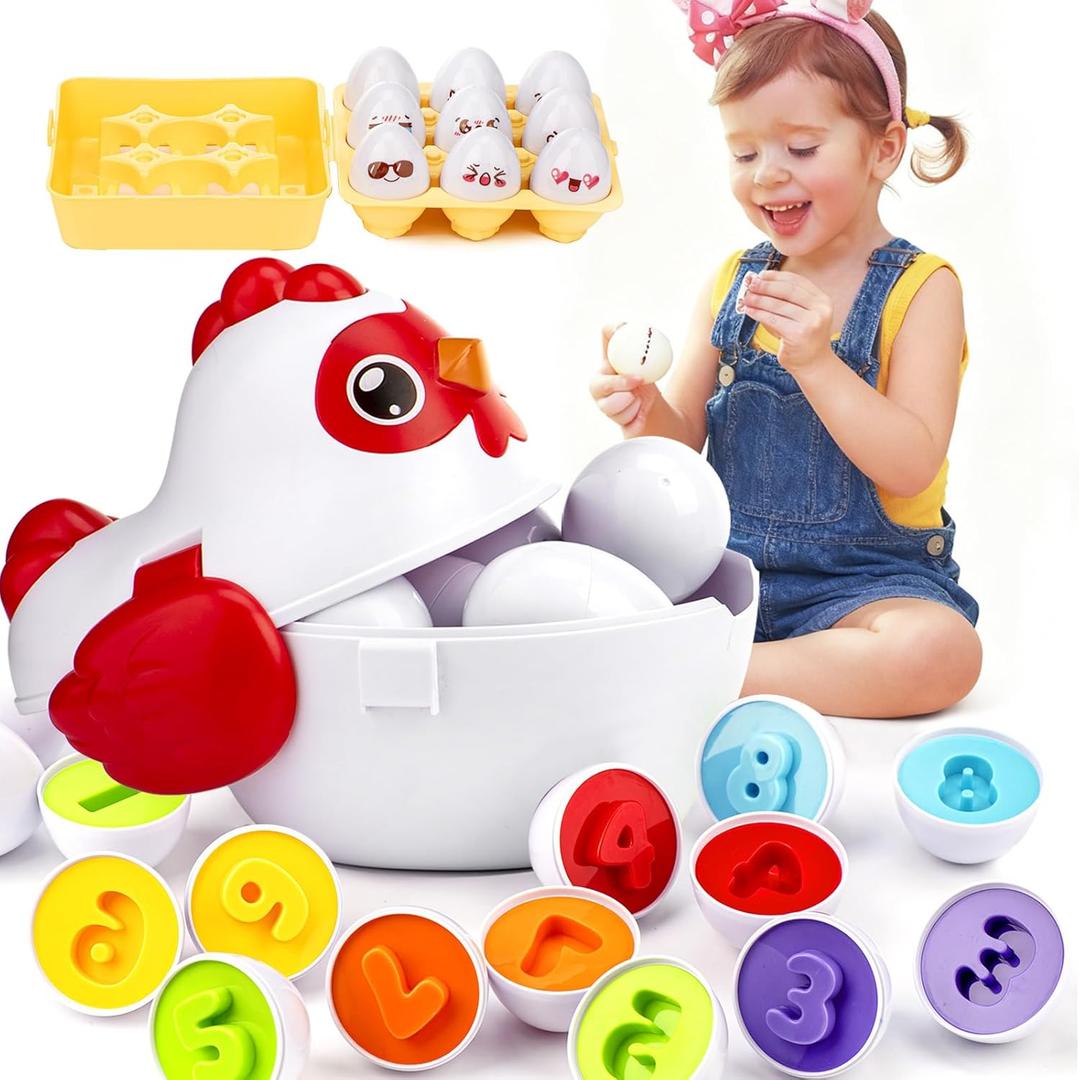 Easter Egg Matching Game, 24-Piece Easter Basket Stuffers for Kids, Color Shape Number Recognition Educational Toddler Toys, Chicken Storage Box Preschool Learning Toy for Boys Girls