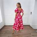 Summer Bright Floral Dress for Women 2025 - Versatile Square Neck or Off-Shoulder with Puff Sleeve for Casual, Beach (Pink, S)