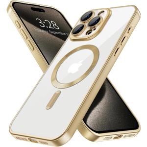 Hython Magnetic Clear for iPhone 15 Pro Case with Camera Lens Protector [Compatible with MagSafe] Luxury Plating Edge Slim Soft TPU Cover Protective Phone Case for iPhone 15 Pro 6.1", Matte Gold