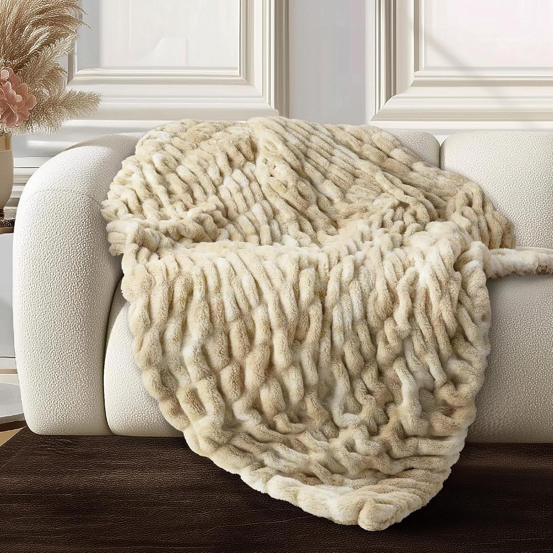 Ultra Soft Cozy Faux Fur Throw Blanket, Fuzzy Plush Thick Bubble Blanket, Oversize Luxury Fluffy Blanket for Couch, Sofa, Bedroom, and Living Room,50x60 Inches,Double Sided Tie-Dye Camel