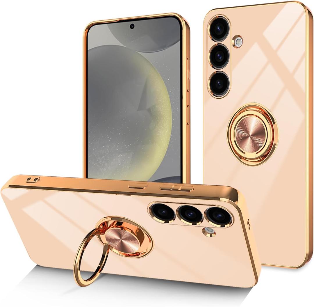 Dinick Pink for Samsung Galaxy S24 Case with Ring Holder Kickstand [with Magnetic] Soft TPU Bumper, Glitter Gold Electroplated Cover Slim Thin Protective Phone Case for Galaxy S24