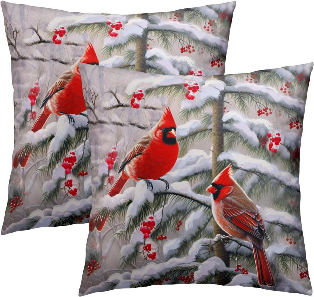 Giwawa Red Birds Throw Pillow Covers 18x18 Inch Winter Berry Decorative Pillow Cases Set of 2 Holiday Cushion Covers for Home Couch Living Room