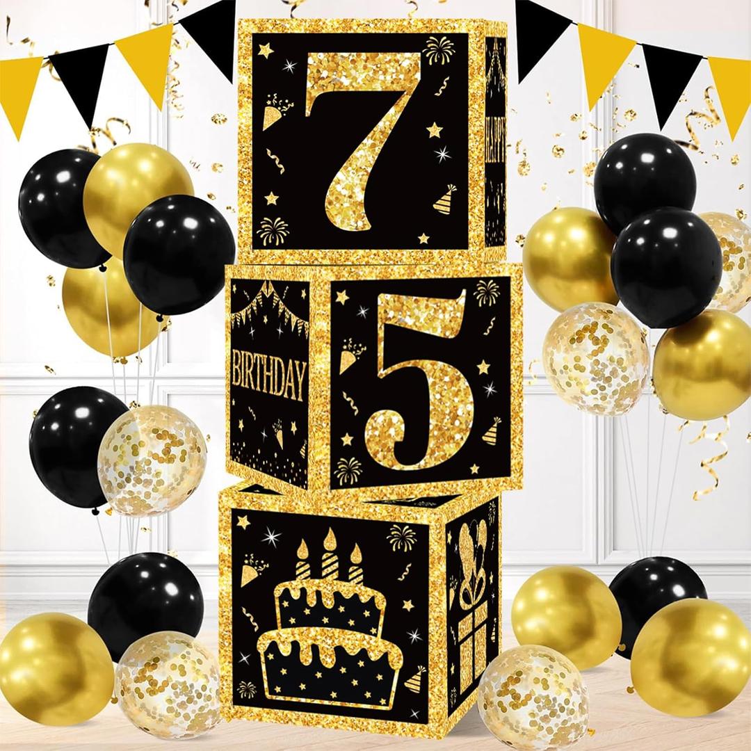 75th Birthday Decorations Boxes for Men- 3PCS Black Gold Happy 75th Birthday Balloons Boxes, 75 Year Old Party Supplies for Men Women