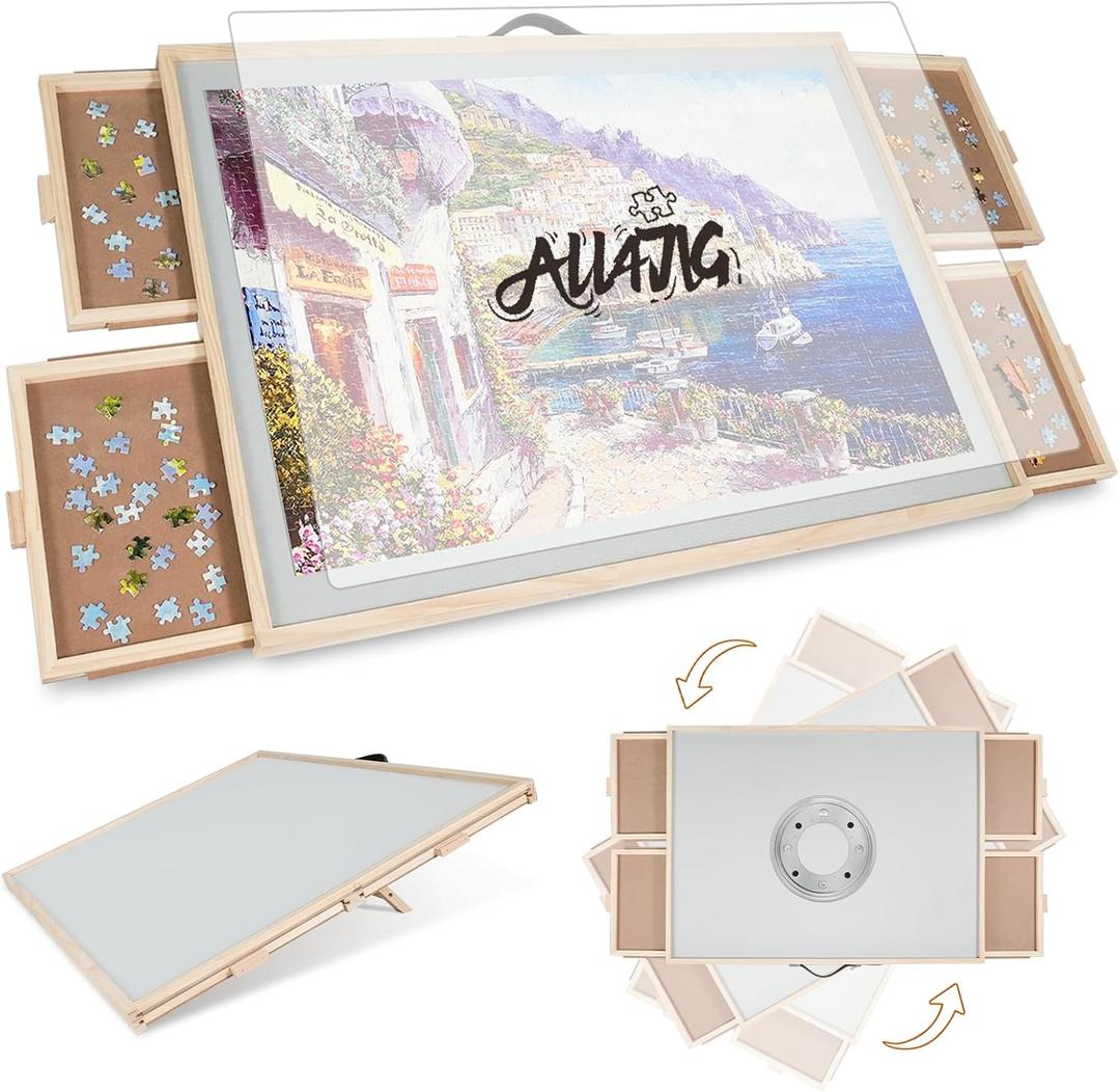 ALL4JIG 1500 Pieces 2-in-1 Tilting & Rotating Puzzle Board for Adults Gifts, 24.53" x 33.19"Wooden Jigsaw Puzzle Table with 4 Drawers, Portable Board with Lazy Susan and Cover,, Medium-1500pcs