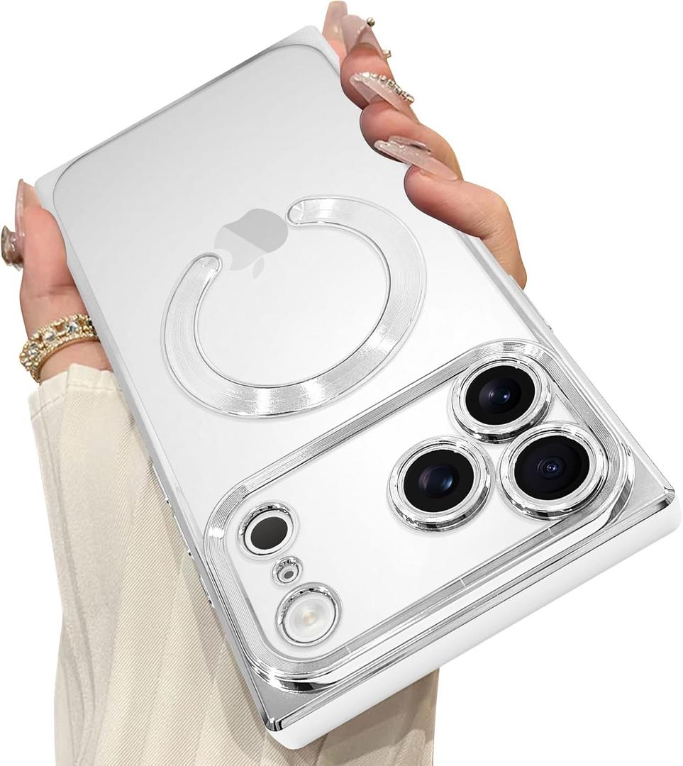 OOK Magnetic Case Made for iPhone 17 Pro 6.3 Inch (Compatible with MagSafe) Clear Phone Cover with Screen Protector Soft TPU Anti-Scratch Shockproof Protective Case for Women Men - Silver