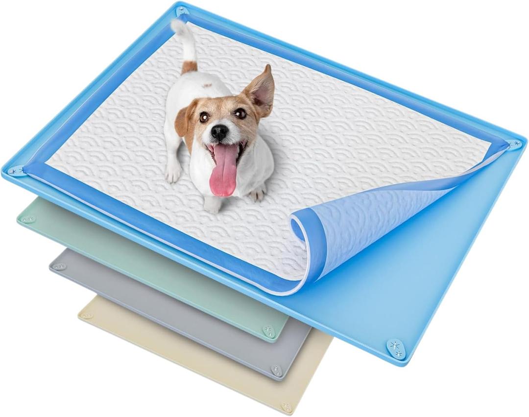 Skywin TidyFriend Pee Pad Holder Tray 30 x 23 Inches with Corner Clips, Silicone Dog Potty Tray, Easy to Clean No Spill Dog Potty Training Pad Holder (Blue)