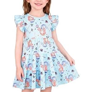 BliBliTaTa Girls' Casual Dress, Soft Comfort Cotton Tagless Kids Short Sleeve, Breathable Tiered Ruffle Swing A-Line Midi Teen Sundress Mermaid Shell Blue-5T