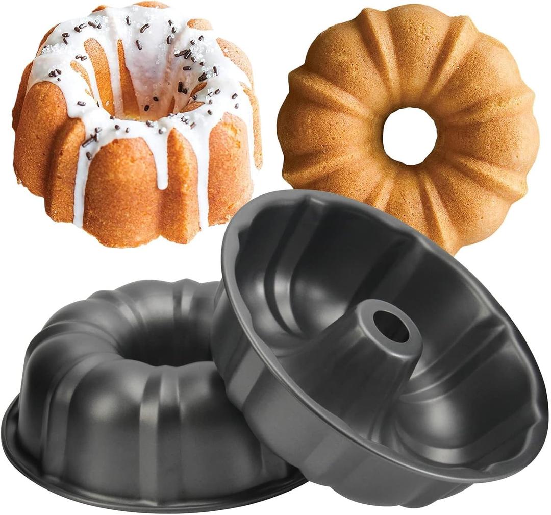 OAMCEG 9.5 Inches Bundt Cake Pan Nonstick- 2 Pack Bundt Pan for baking, 12 Cups Buntz Pound Cake Pan Heavy Duty Carbon Steel,Cake Mold for Buntelet, Brownie (Grey) (Black)