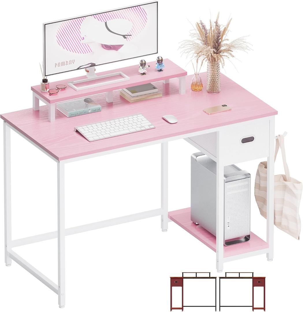 Pamray 39 Inch Computer Desk with Monitor Stand Small Home Office Desks with Non-Woven Storage Drawer for Bedroom Study Table Writing and Work Desk Pink