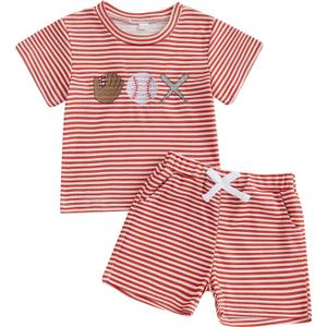 Fuethsuy Baseball Toddler Baby Boy Girl Clothes Striped Short Sleeve T-shirt Tops Elastic Waist Shorts Set 2Pcs Summer Outfit (Red, 18-24 Months)