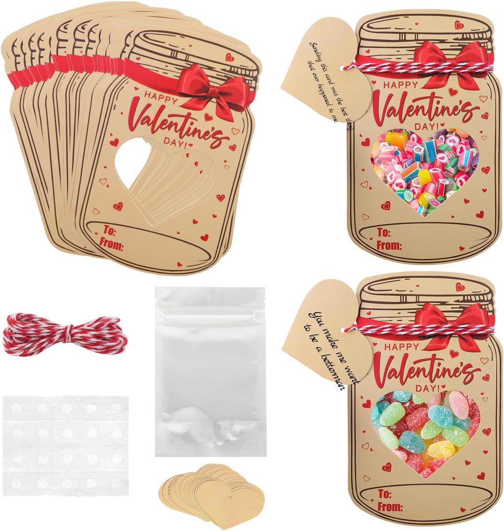 48Pcs Valentines Cards for Kids Mason Jar Happy Valentines Day Cards Candy Holder Card Bulk Valentine Candy Bag Jar Valentine's Day Paper Jar for Classroom Exchange Party Favors (Candy Not Included)