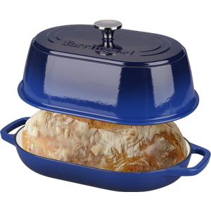 VORRINGARD Enameled Cast Iron Dutch Oven Pot with Dome Lid, Oval Bread Oven for Homemade Sourdough Bread Baking, Oven Safe up to 500F, 6 Quart, Blue