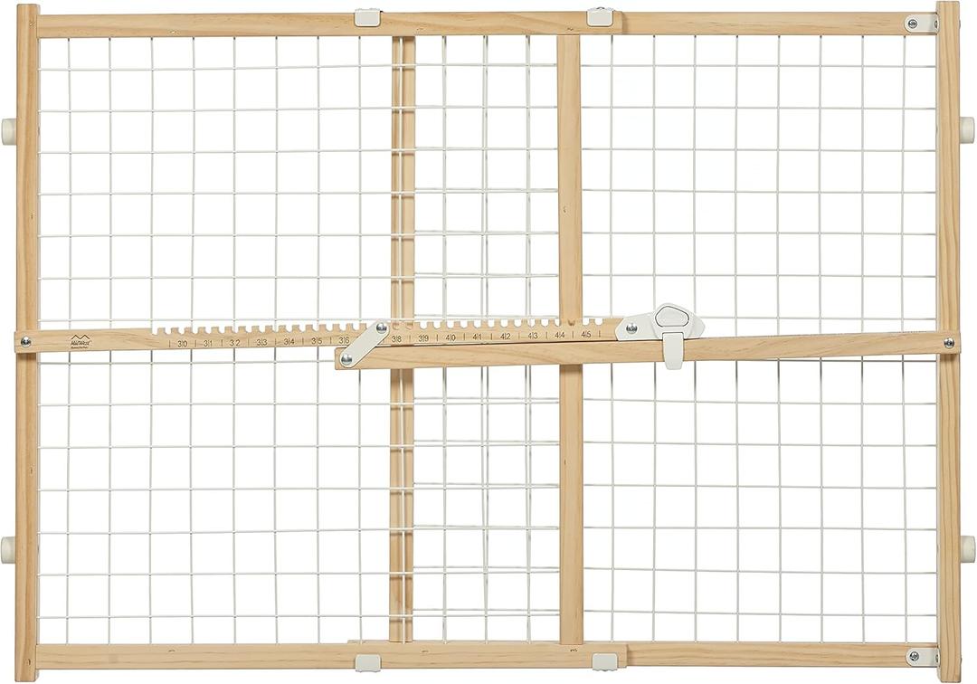 MidWest Homes for Pets Wire Mesh Pet Safety Gate, Dog Gate Expands from 29-40.5 Inches Wide, 24 inches Tall, Wood, Powder Coated Wire (Small)