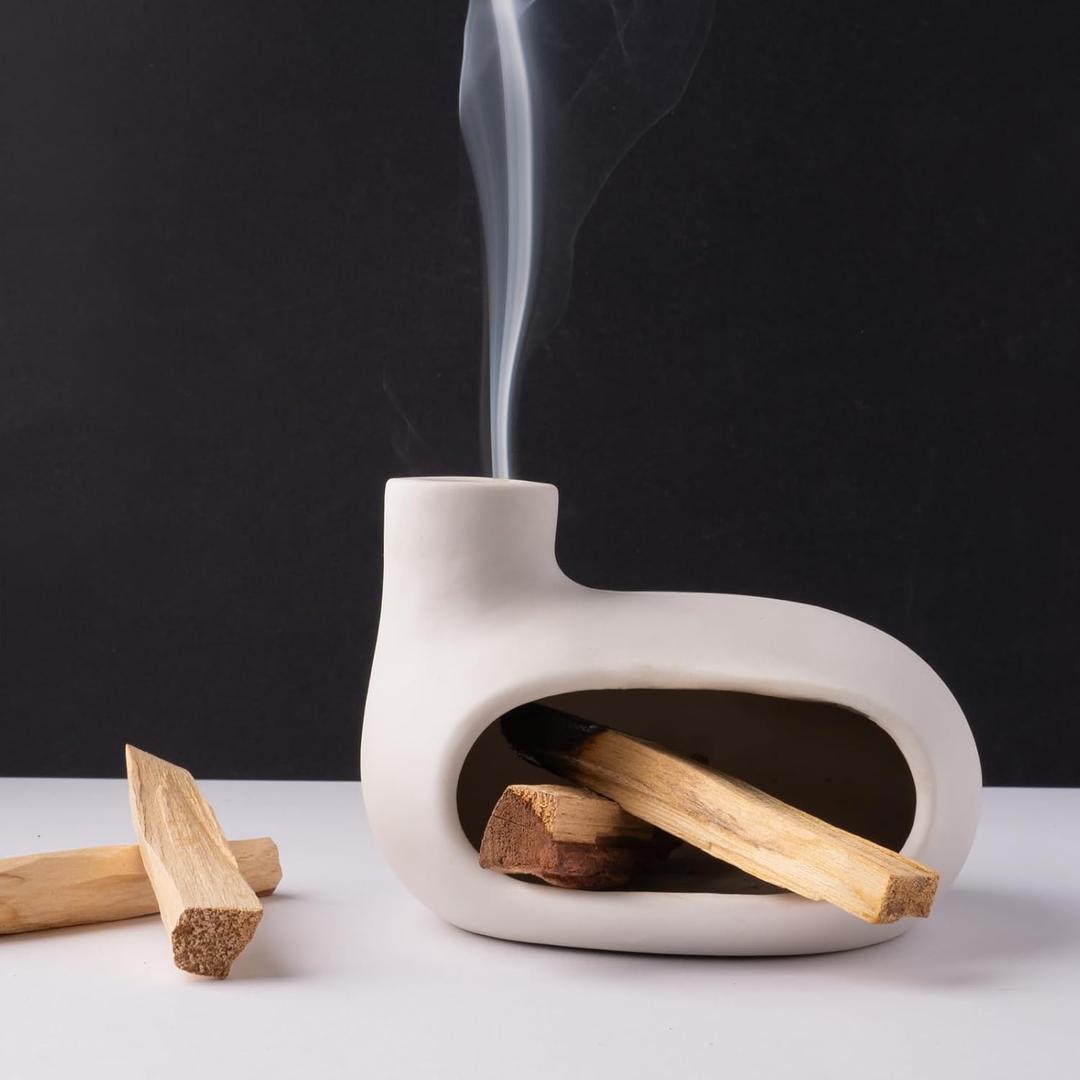 Modern Palo Santo Holder Ceramic Burner for Meditation and Energy Cleansing - Handcrafted Smudge Bowl for Wood Sticks, Sage, and Incense Cones (Medium - Bright Moon White)