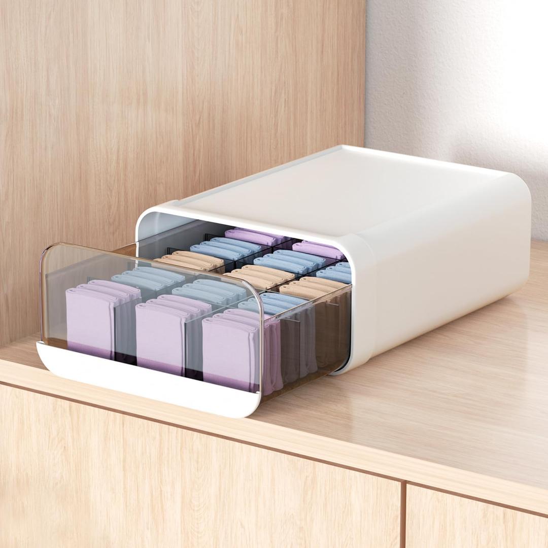 Underwear Organizer Drawer, 15 Cells Plastic Sock Underwear Storage Drawer, Stackable Closet Organizers and Storage Box for Bras, Socks, Scarves, Ties, Belt (Queen Size-White, 1 Pcs)