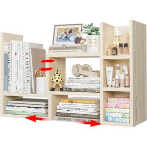 NUTIKAS Desk Shelves Desktop Organizer Shlef - Natural Wood Tone Office Organization for Top of Desk Organizers and Accessories Corner Bookshelf Table Top Shelving Small Hutch Decorations for Office