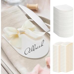 100 Pack Wedding Place Cards with Bow Ribbon Blank Writable Printable 3.5x2.7inch Name Tags Arch Design Escort Seating Cards for Wedding Thank You Table Dinner Parties Receptions(Ivory White)