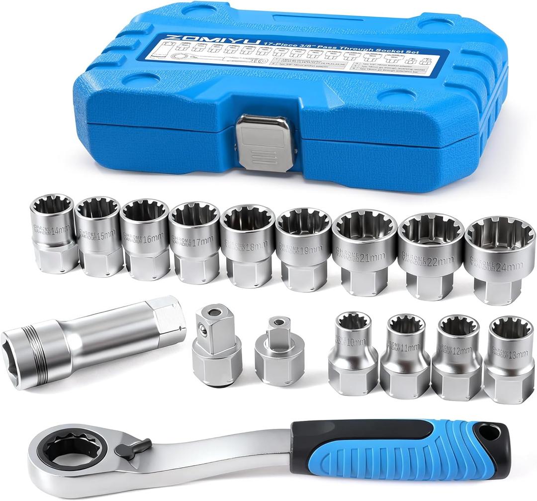 3/8 & 1/2 Pass Through Socket Set, 17-Piece Metric 12-Point Go-Thru Sockets with 2-in-1 Ratchet (72-Tooth), Adapter, Extension Bar & Sturdy Case, CR-V Steel