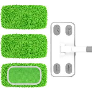 Reusable Microfiber Floor Mop System, Wet & Dry Sweeper Kit, Includes 1 Sweeper Handle, 3 Washable Chenille Mop Pads, Dry & Wet Use for Hardwood, Tile, and Laminate Floor