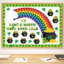 Chiisong St. Patrick's Day Bulletin Board Shamrock Gold Coin Pot Paper Cutout Rainbow Clover Classroom Decor March Bulletin Board with Border for Irish Party Door Wall Classroom Home Office Supplies, Pack Of 2