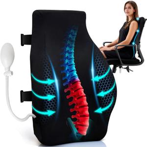 Adjustable Airbag Lumbar Support Pillow for Office Chair - Memory Foam Adjustable Firmness Back Cushion Relieves Upper/Lower Back Pain for Sitting Long Hours, Home Office Desk Chair Car/Truck Seat