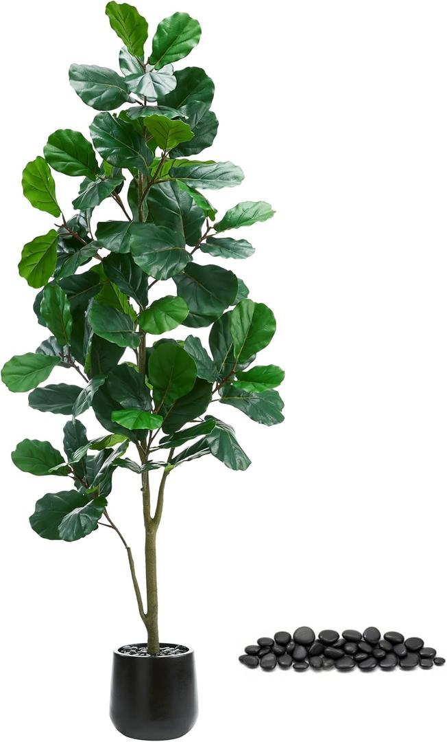 Artificial Fiddle Leaf Fig Tree6FT Tall Faux Ficus Lyrata Plant Fake Fig Trees Realistic Green Silk Large Leaves with Natural Trunks & Pebbles in Black Planter for Indoor Outdoor Office Home.