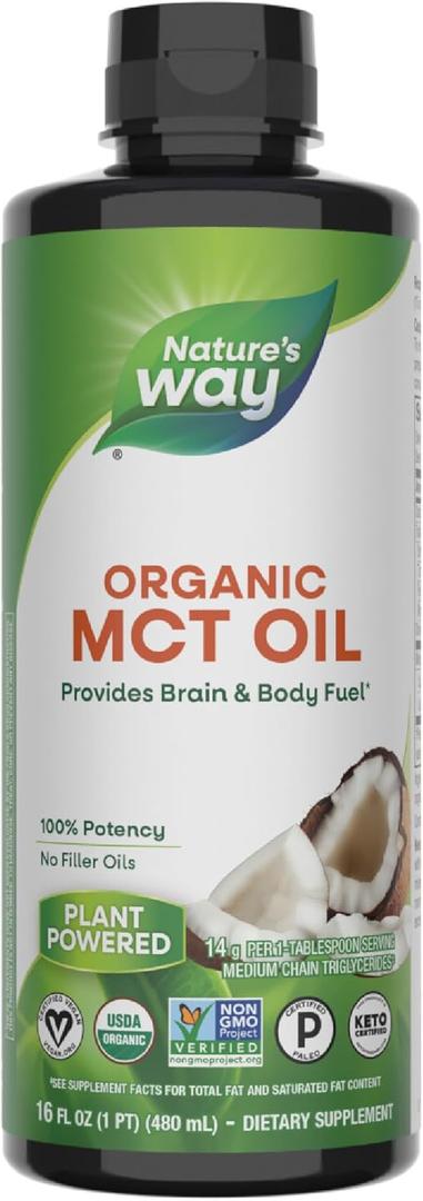 Nature's Way Organic MCT Oil, 16 Fl Oz, Brain and Body Fuel from Coconuts*, C8 Caprylic Acid and C10 Capric Acid, Keto and Paleo Certified, Organic, Non-GMO Project Verified, EXP 05/2026