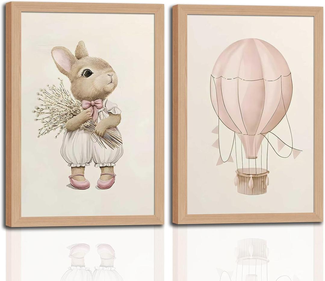 2Pcs Pink Baby Girl Nursery Wall Decor Cute Bunny Wall Art Cozy Rabbit Canvas Artwork Prints Vintage Hot Air Balloon Painting Prints for Kid's Room Baby Room Wood Framed 16x24in