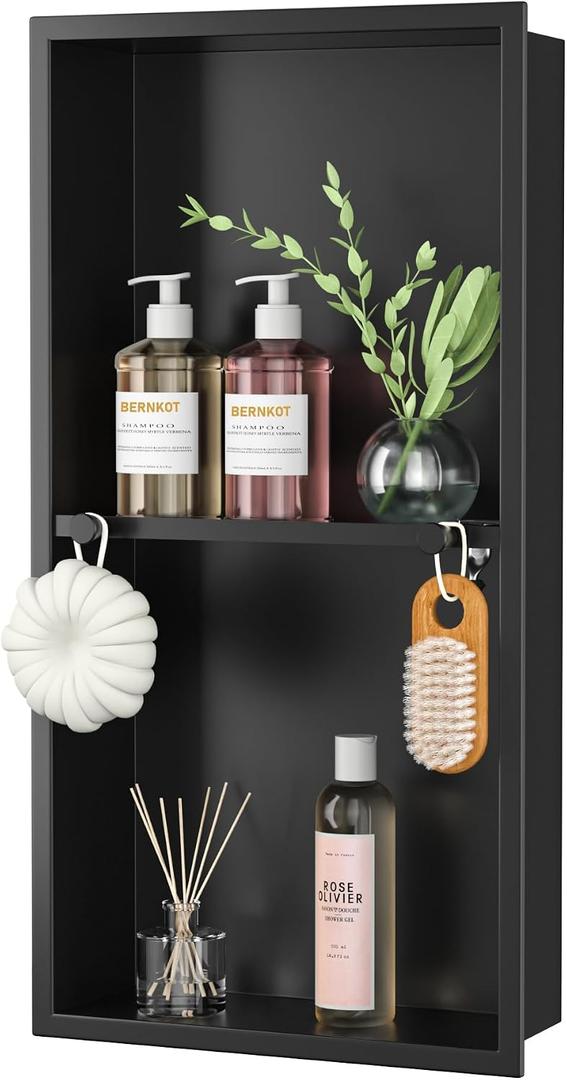 Stainless Steel Shower Niche w/Hooks, Wall Vertical Niche Without Tiling, Recessed Shower Shelf for Bathroom Storage, Over-Mount Installation (Black, 12'' x 24'')