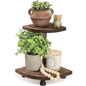 Tikea Decorative Wood Riser for Display, 2-Tier Rustic Corner Shelf for Kitchen Bathroom Counter Decor, Farmhouse Riser for Soap Dispenser and Plant (Brown)