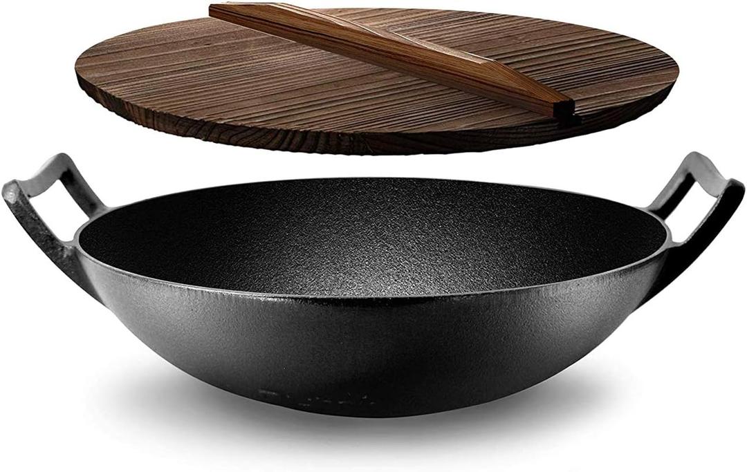 NutriChef Cast Iron Wok with Wooden Lid - Pre-Seasoned Chinese Wok for Stir-Fry, Compatible with Multiple Cooktops Including Induction, Large 5.8 Qt Capacity, 12" Diameter
